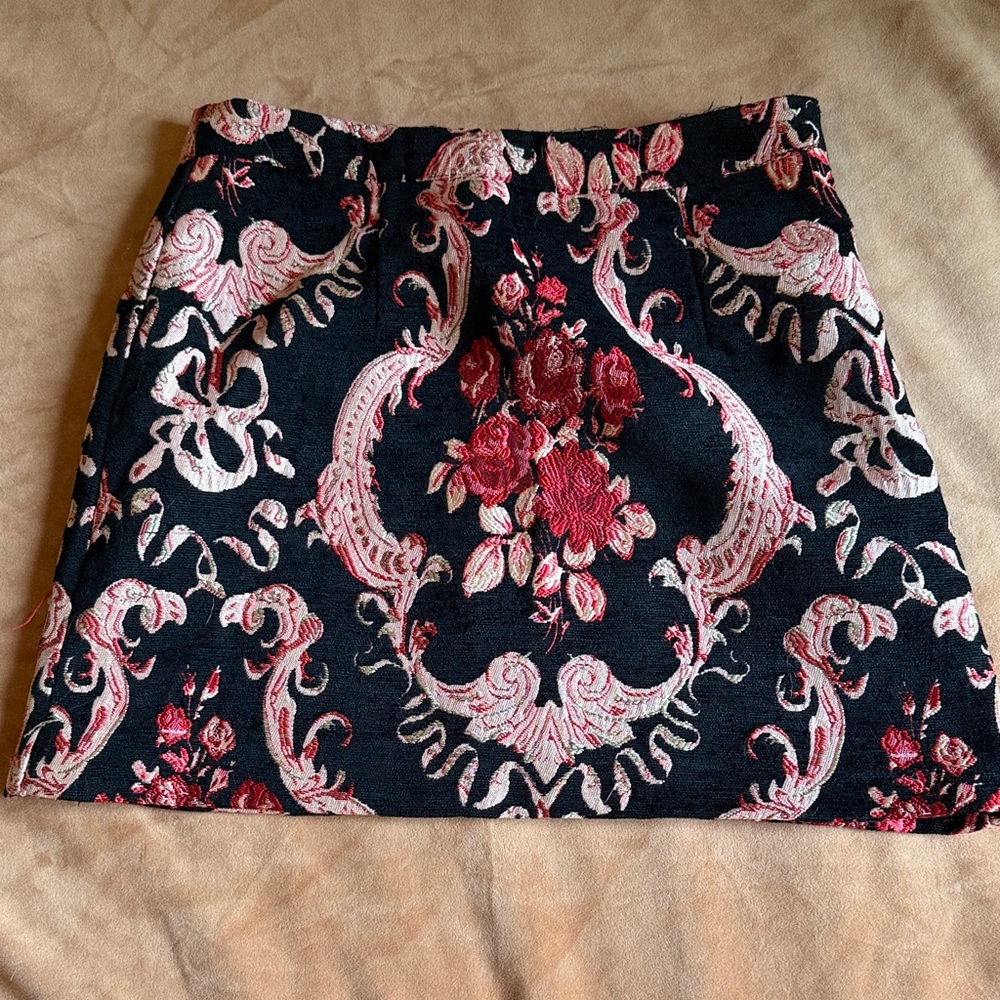 Embroidered Brocade Style Black and Pink Floral Mini Skirt